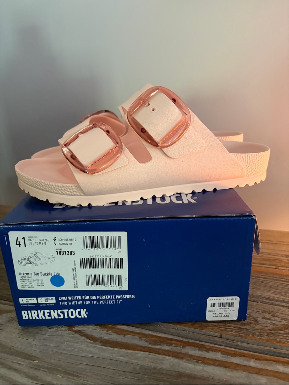 Birkenstock Arizona Big Buckle Sandal in Pale Pink with Rose Buckle Size 41